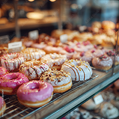 Assorted donuts and pastries display at Sweet Star Bakery in El Paso