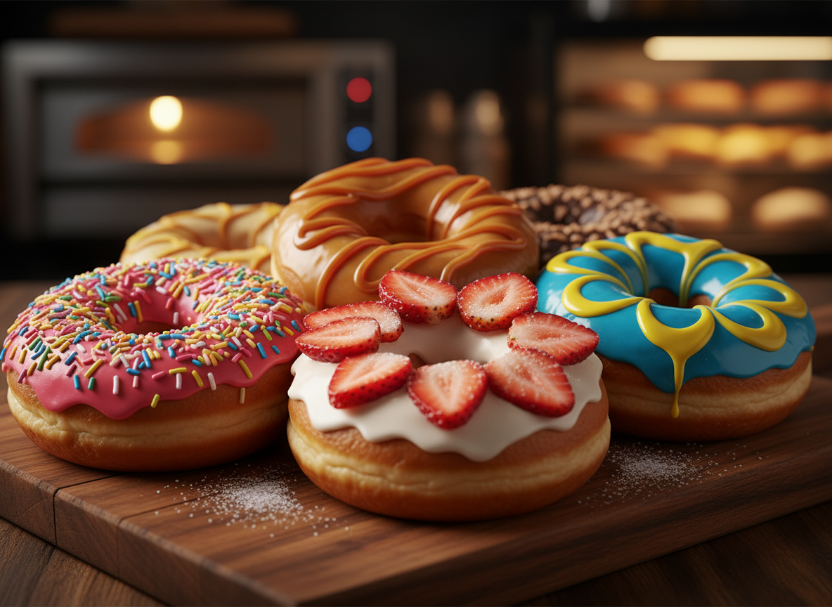 Decorated donuts with colorful toppings