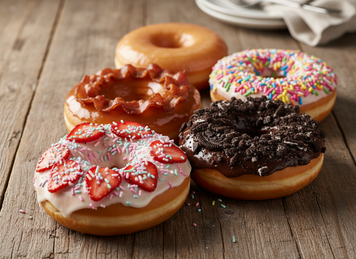 Professional food photography of assorted gourmet donuts shot from a 45-degree angled perspective on a rustic wooden table. Include: strawberry glazed donut with fresh strawberry slices and pink sprinkles, chocolate Oreo donut with crushed Oreo cookies on top, maple bacon donut with maple glaze and crispy bacon strips, a classic glazed donut, and a colorful sprinkles donut. Warm soft natural lighting, shallow depth of field, appetizing bakery style, vibrant colors, donuts arranged beautifully filling the frame.